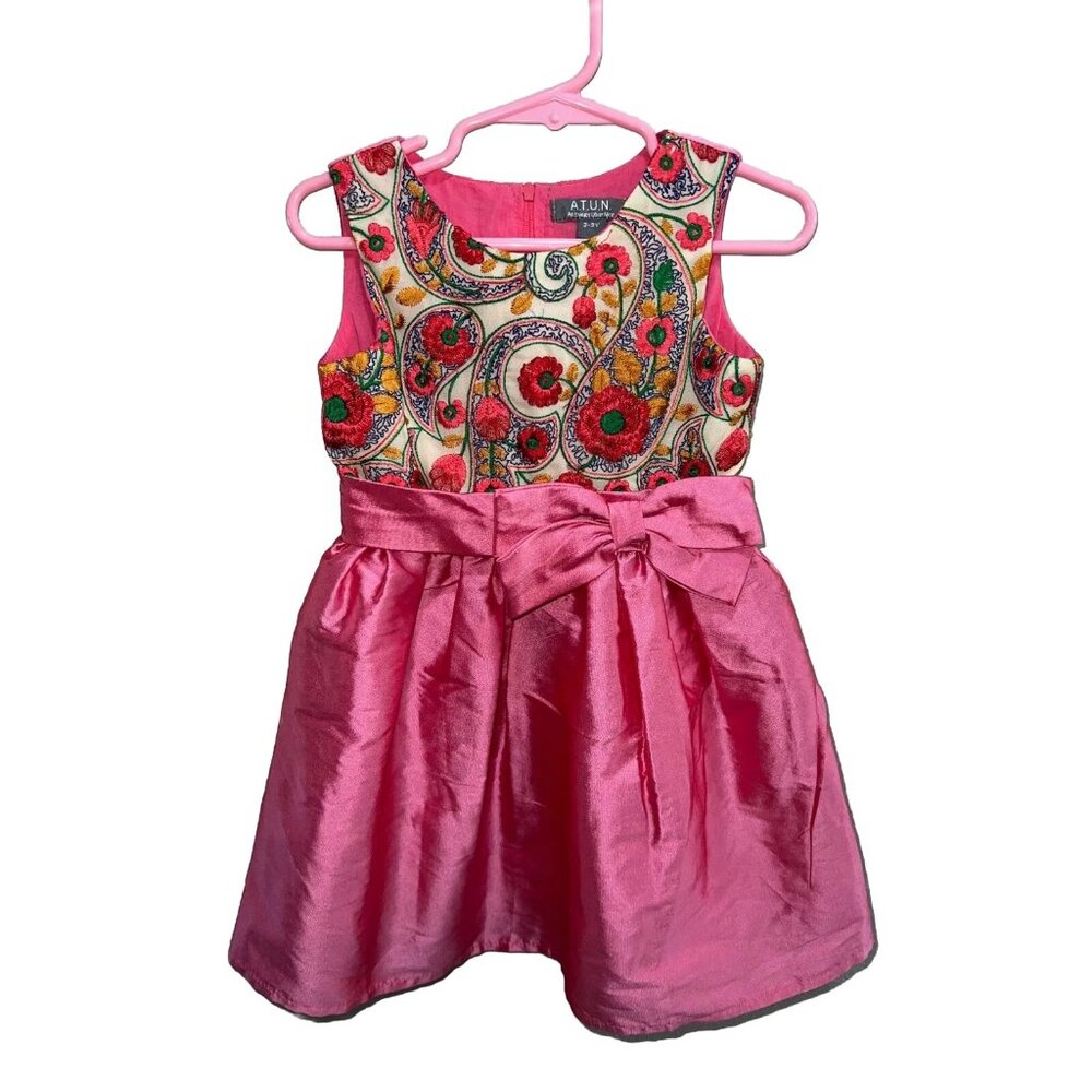 ATUN Little Kids Girls 2-3 Years Dress lined Embroidered pink flowers bow